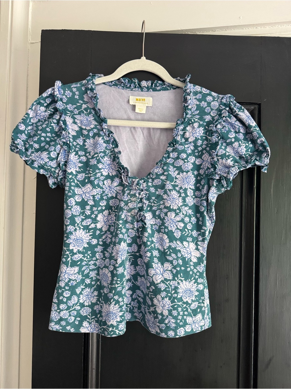 Anthropologie Green Lavender Floral Ruffle V-Neck Puff Sleeve Blouse